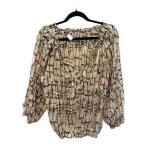 Y2K Era Silk Cache Beige Sheer Sequined Abstract Peasant Blouse Medium (damaged)